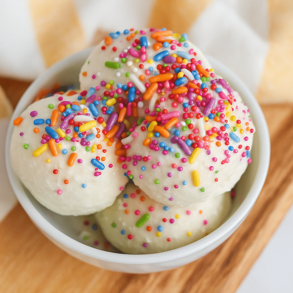 The Best Ninja Creami Protein Ice Cream with Colorful Sprinkles Close-up of creamy vanilla Ninja Creami protein ice cream recipes topped with colorful rainbow sprinkles in a white bowl