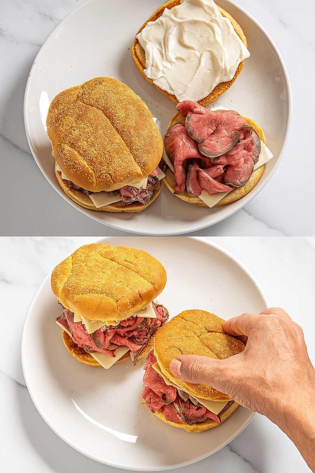 Assembling Roast Beef Sandwiches with Cheese and Mayo homemade roast beef sandwich fats with sliced beef, cheese, and mayonnaise on toasted buns, shown on a white plate.