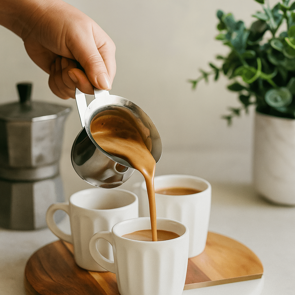Authentic Café Cuba Coffee Recipe | Bold & Rich Flavor A close-up of traditional Cafe Cuba Drink being poured into white cups on a wooden tray, with a moka pot and green plant in the background.