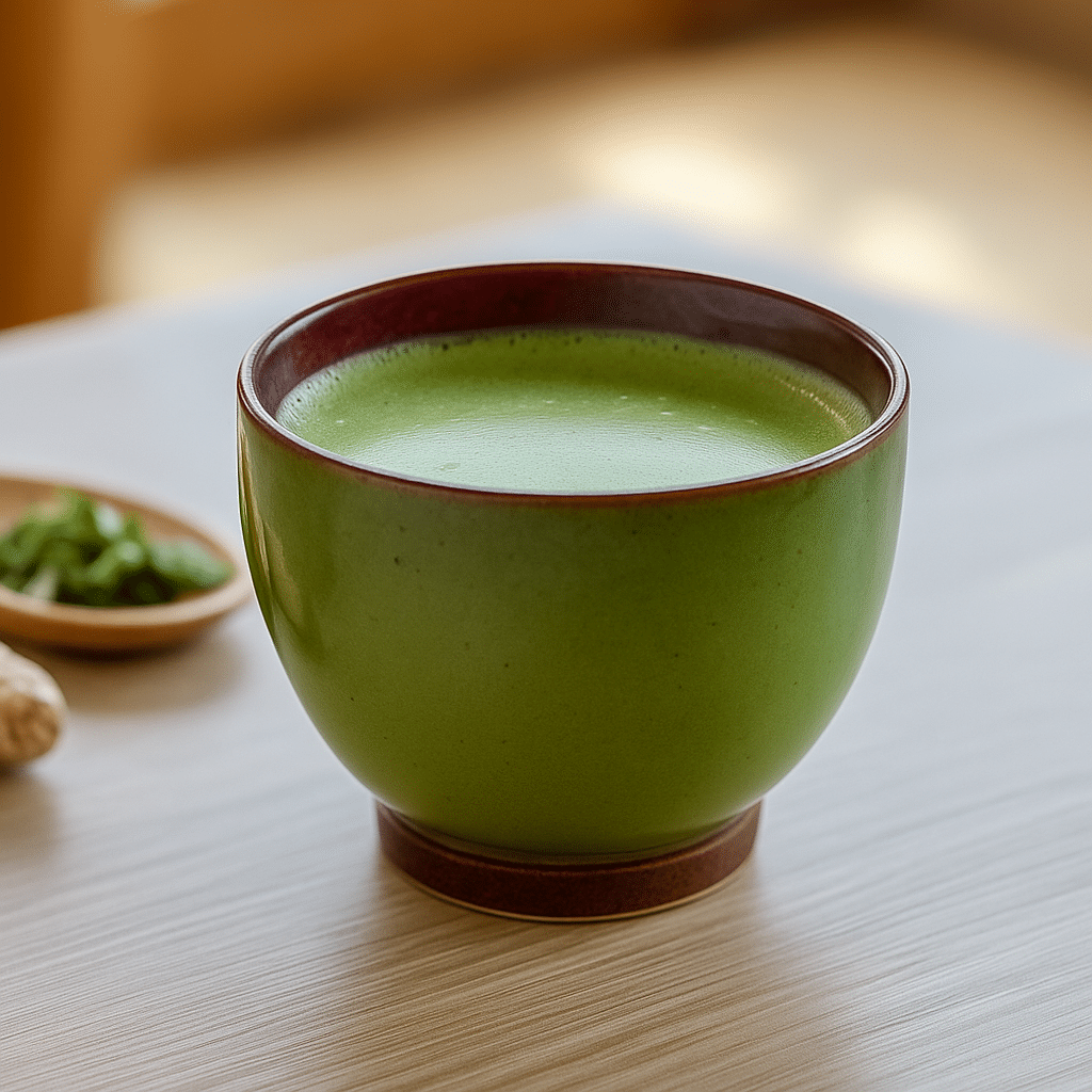 Authentic Japanese Mounjaro Drink with Matcha and Ginger – Refreshing & Natural A ceramic cup filled with vibrant green Japanese Mounjaro drink made with matcha, ginger, and kelp, placed on a wooden table.