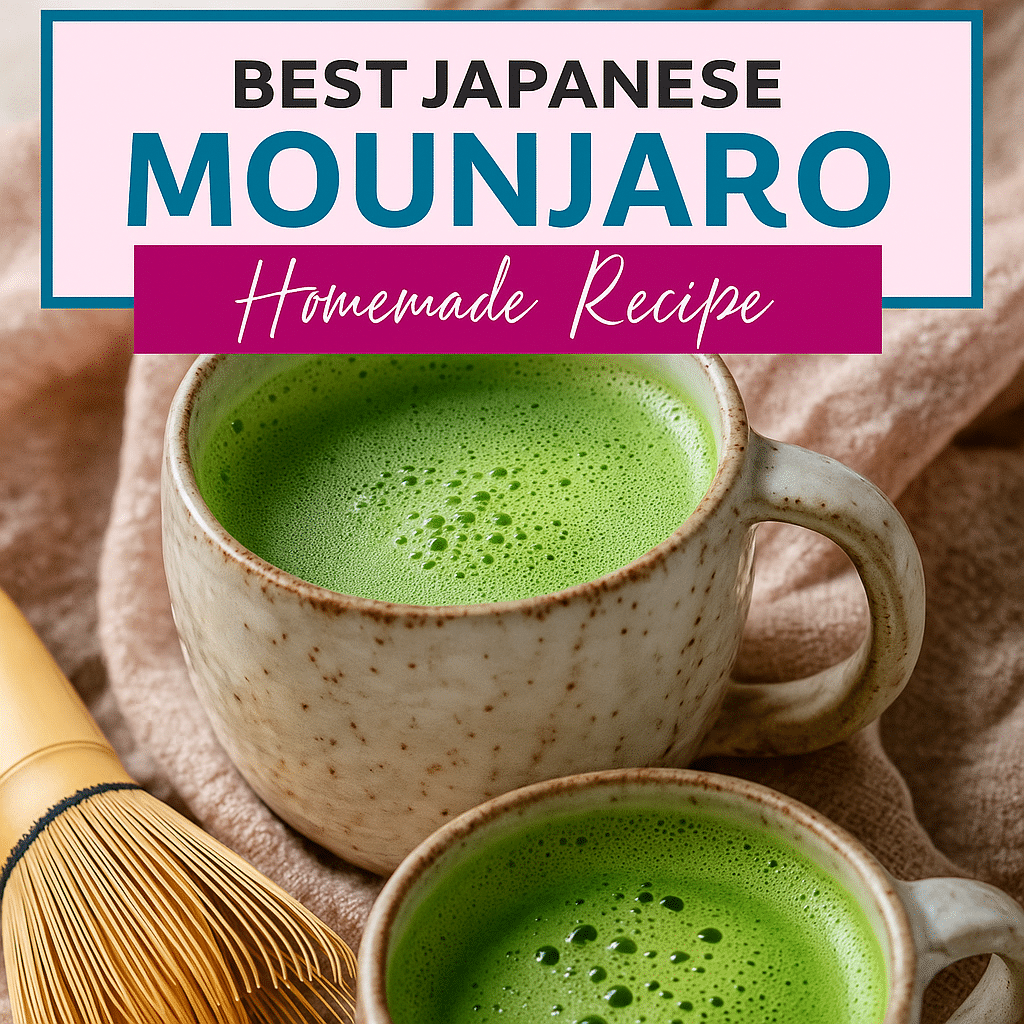 Best Japanese Mounjaro Matcha Drink – Homemade Healthy Recipe Square image featuring two ceramic mugs filled with frothy green matcha drink, labeled as “Best Japanese Mounjaro Recipe.”