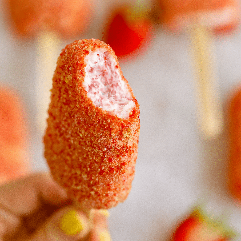 Bitten Strawberry Shortcake Ice Cream Bar on Stick – Close-Up close-up of a bitten strawberry shortcake ice cream bar held in hand, showcasing the creamy center and crispy cookie-strawberry coating, with blurred bars and strawberries in the background.