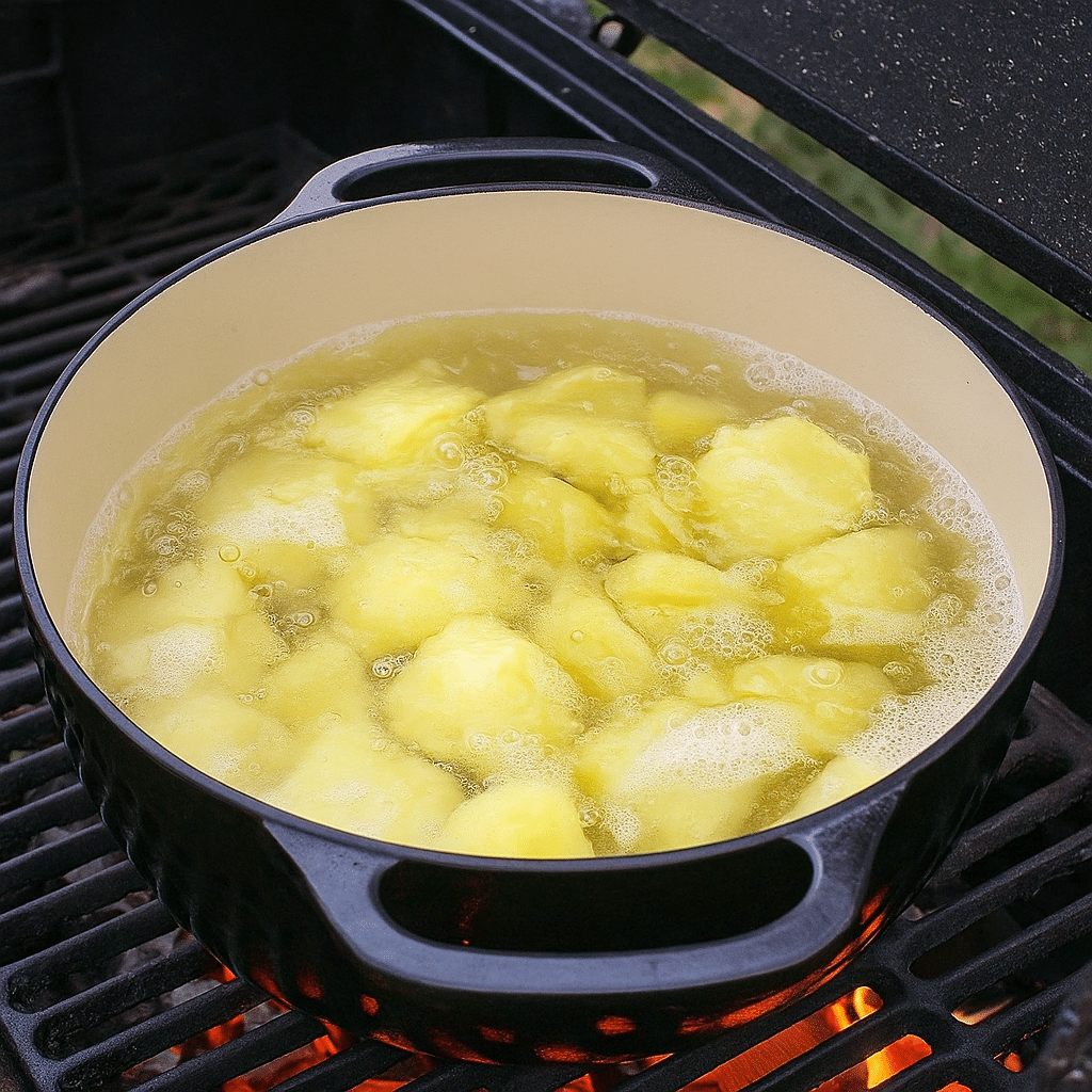 Beef Steak with Mashed Potatoes: the Best Family Dinner Favorite 8 Peeled potatoes boiling in a Dutch oven over an open flame on a grill