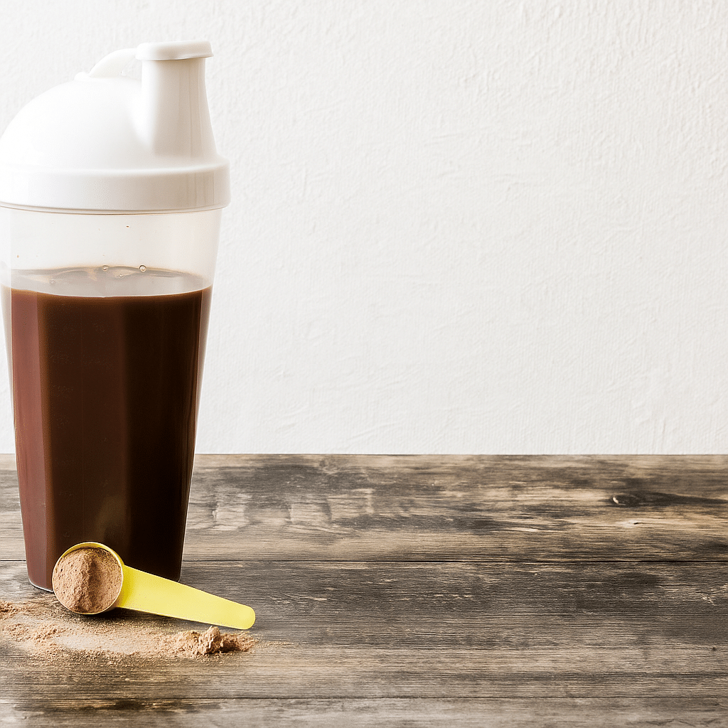Chocolate Protein Shake in Shaker Bottle – Protein Coffee Recipe A chocolate protein shake in a transparent shaker bottle with a scoop of protein powder on a wooden table