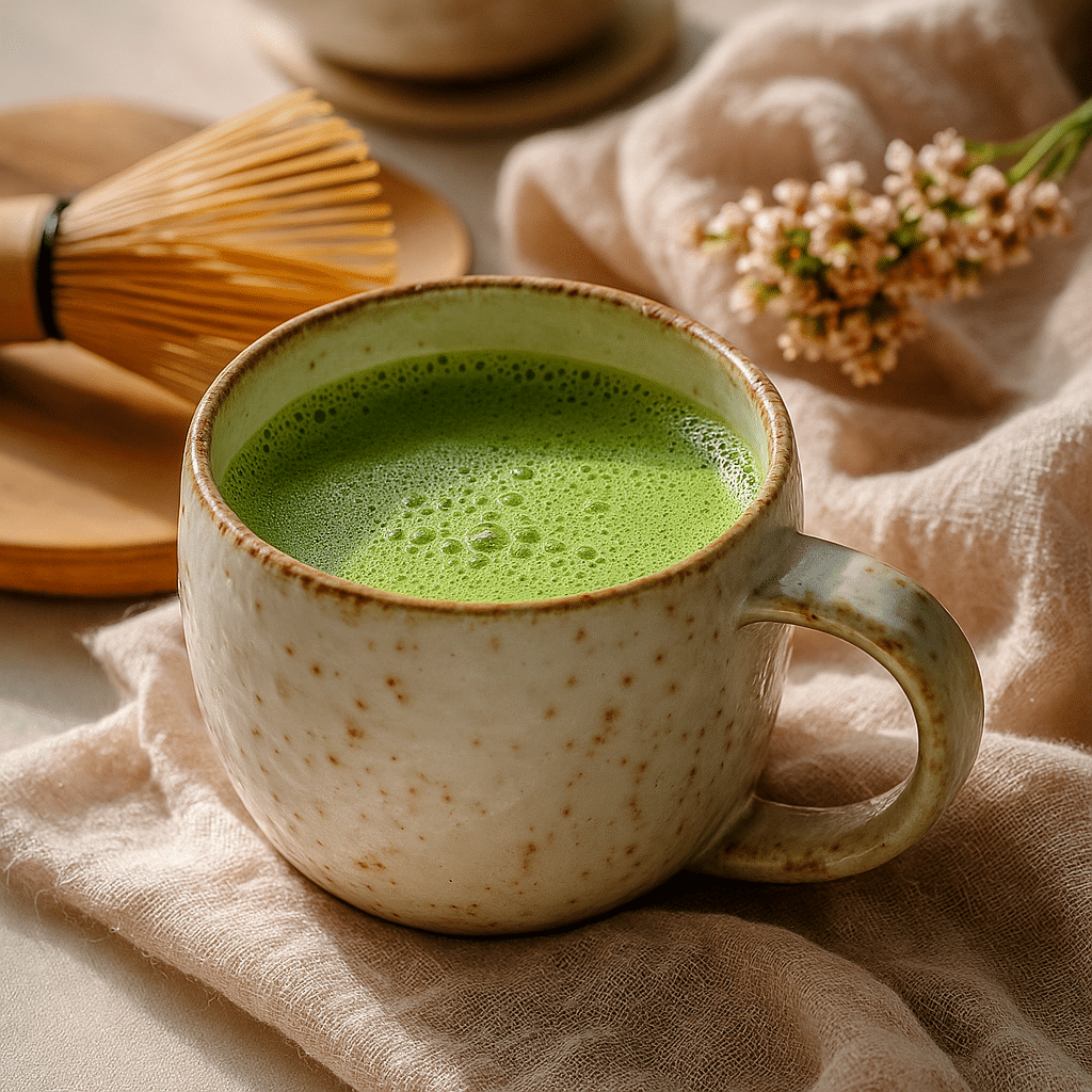 Cozy Morning Matcha Latte in Handmade Ceramic Mug A warm, frothy matcha latte served in a rustic handmade ceramic mug, surrounded by soft linen and a traditional bamboo whisk, bathed in natural morning light
