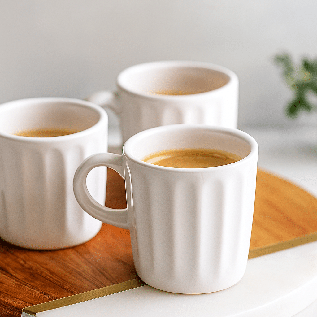 Cuban Espresso Coffee in White Ceramic Cups Three white ceramic cups filled with freshly brewed Cuban espresso on a wooden and marble tray
