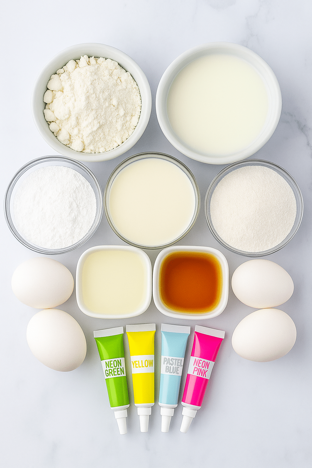 Easter Cake Ingredients – Colorful 1:1 Image for Spring Baking Easter Poke Cake Recipe ingredients including flour, sugar, eggs, milk, and neon gel food coloring on a marble background