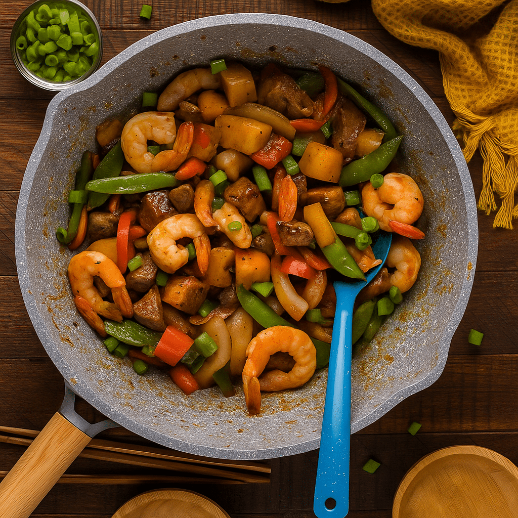 Firecracker Steak and Shrimp Stir Fry in Skillet Top-down view of firecracker steak and shrimp panda express stir fry with vegetables in a skillet