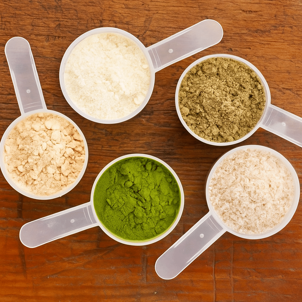 Five Protein Powder Varieties on Wooden Surface Five transparent scoops filled with various protein powders arranged in a circle on a rustic wooden table
