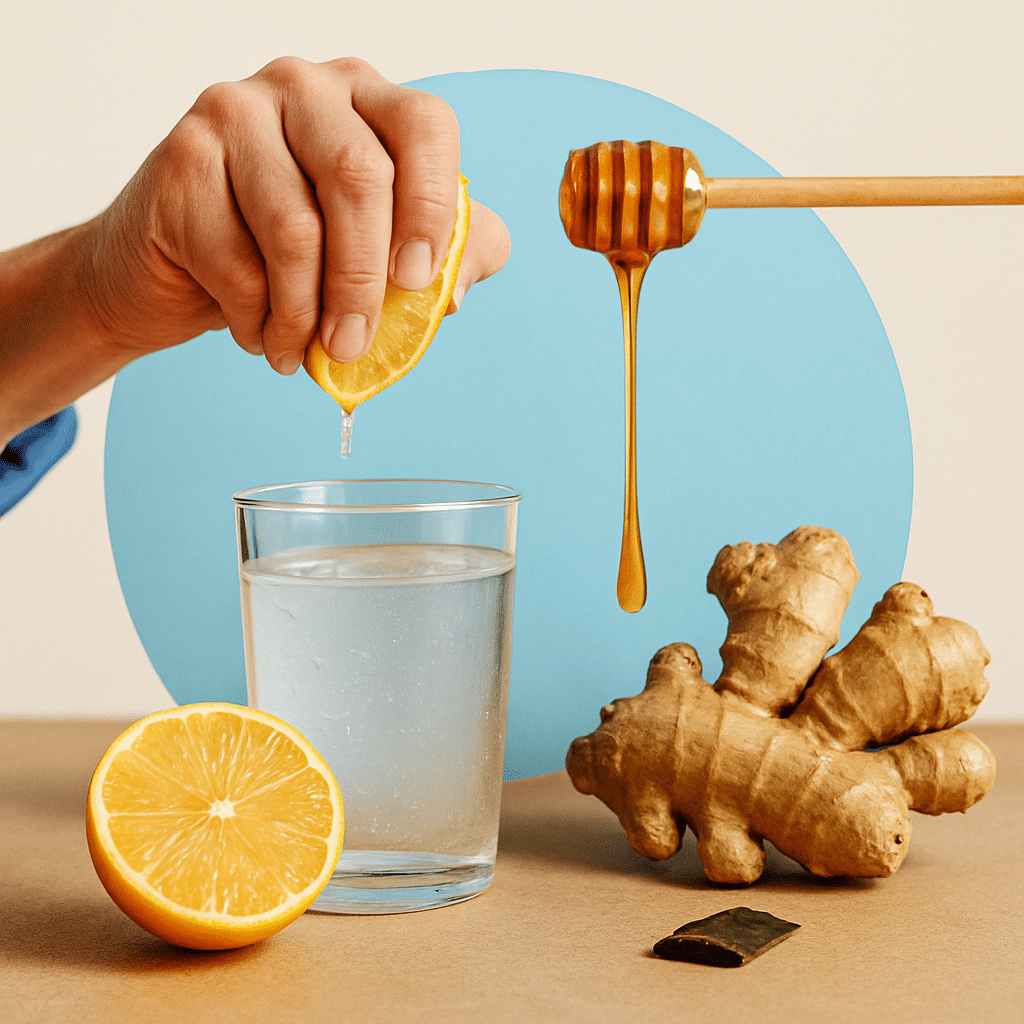 Fresh Lemon Ginger Honey Drink in the Morning Light A realistic close-up of a person squeezing lemon juice into a glass of water, with fresh ginger root and honey in the background. japanese mounjaro recipe pdf.