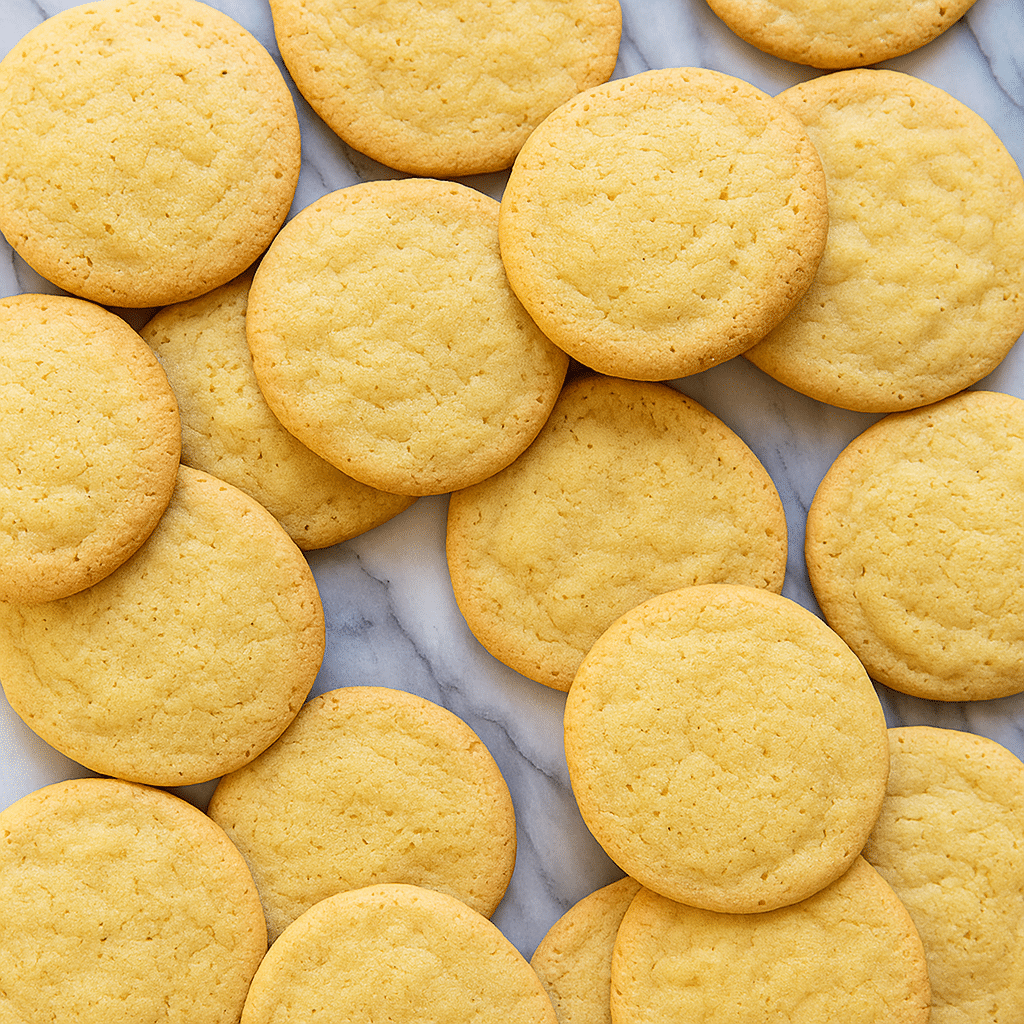 Freshly Baked Vanilla Sugar Cookies – Soft & Chewy Perfection A top view of golden vanilla sugar cookies arranged on a marble surface, showcasing their soft, chewy texture.