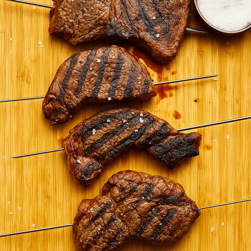 Grilled Steak Skewers on Bamboo Board | Perfect Char and Seasoning picanha steak cuts on metal skewers placed on a bamboo board with sea salt and perfect grill marks
