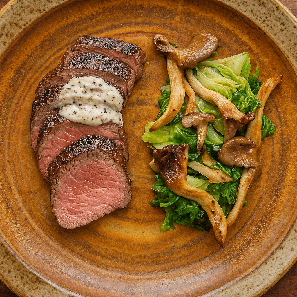 Grilled Steak with Mushrooms and Garlic Butter Grilled steak slices topped with garlic butter, served with sautéed mushrooms and greens on a rustic ceramic plate.