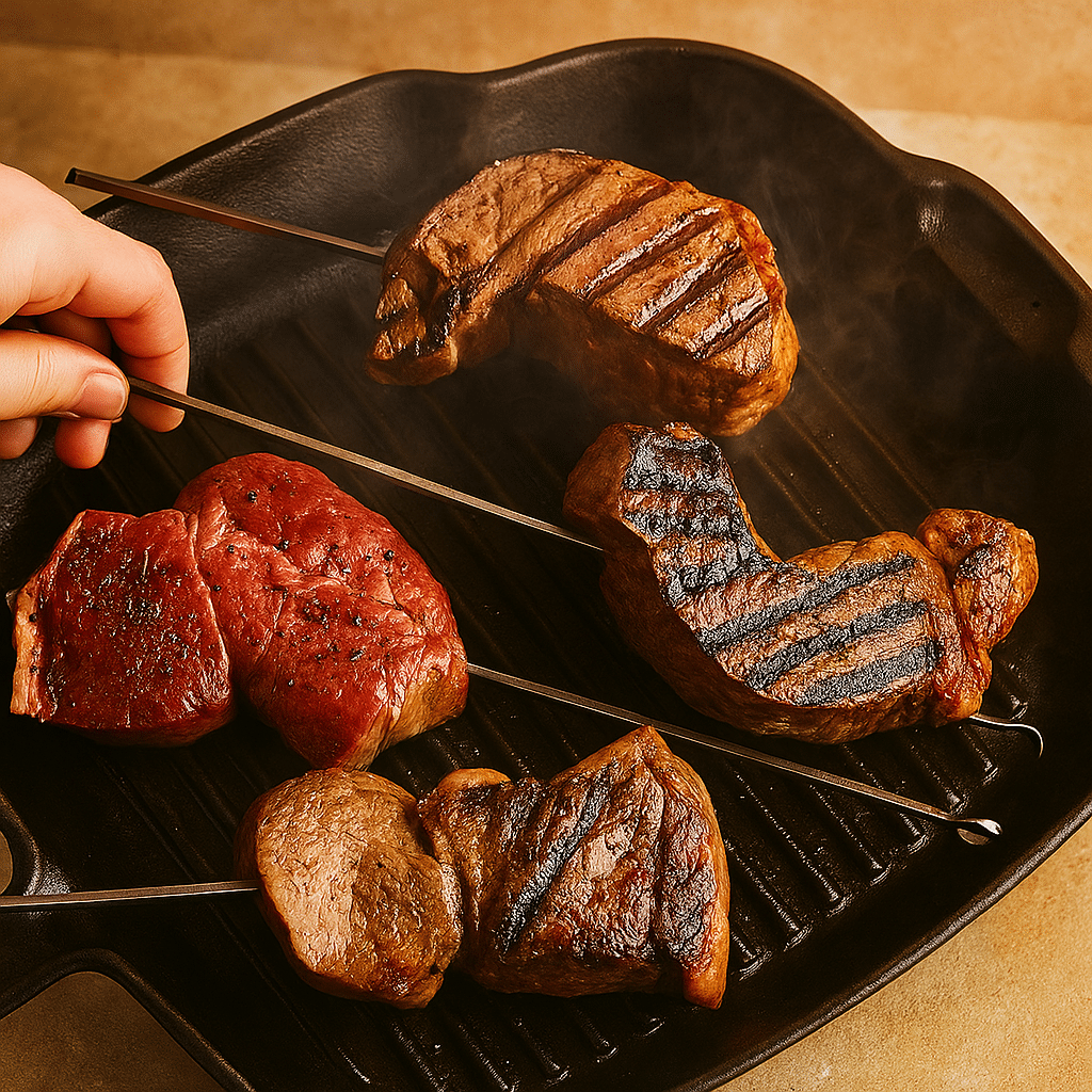 Grilling Steak on Cast Iron Skillet | Sizzling Perfection Four steak cuts grilling on cast iron skillet with visible grill marks and hand adjusting metal skewers