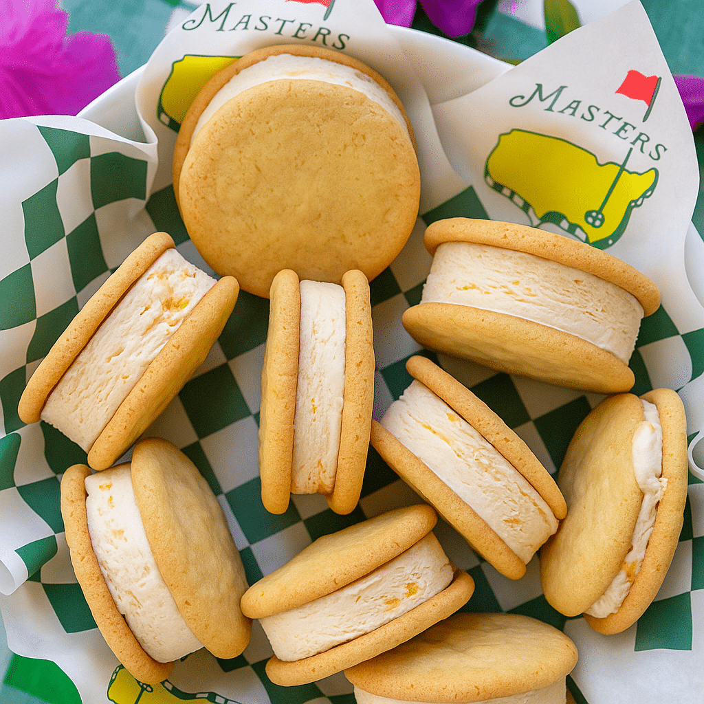 Homemade Ice Cream Sandwich Cookies | Easy Summer Dessert Idea A basket of homemade ice cream sandwich cookies made with soft vanilla cookies and creamy peach ice cream, served on green checkered paper with Masters branding.