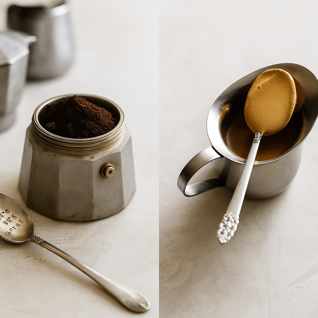 How to Make Cuban Coffee – Step-by-Step Brewing Process Two-step process of making Cuban coffee, featuring ground coffee in a moka pot and whipped sugar foam in a metal pitcher.