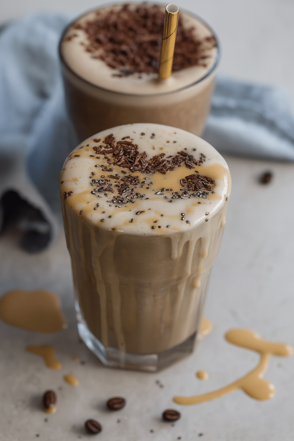 Iced Coffee with Caramel Drizzle and Chocolate Shavings Protein and Coffee Shake with caramel drizzle, frothy top, and chocolate shavings, served on a light surface with scattered coffee beans.