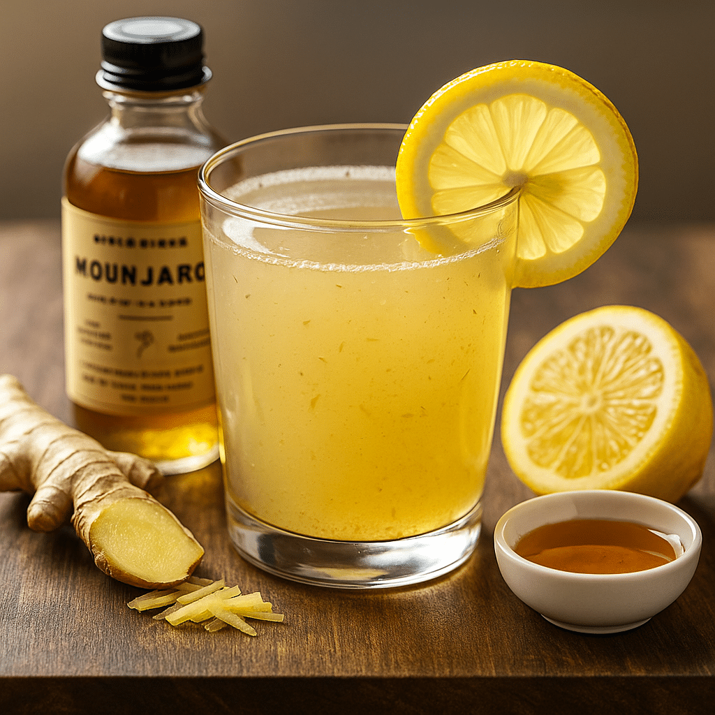 Japanese Mounjaro Drink with Lemon, Ginger & Apple Cider Vinegar A glass of Japanese Mounjaro drink made with lemon juice, fresh ginger, raw honey, apple cider vinegar, and warm water, styled on a rustic wooden table.