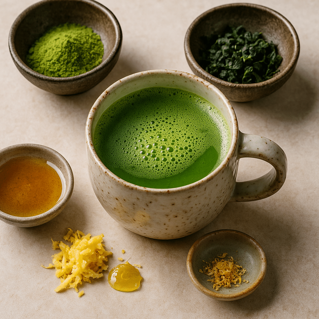 Japanese Mounjaro Drink with Matcha, Kelp & Ginger A square image showing realistic Japanese Mounjaro drink ingredients including ceremonial-grade matcha, powdered kelp, fresh ginger, lemon zest, and raw honey, beautifully arranged on a soft fabric with warm light.