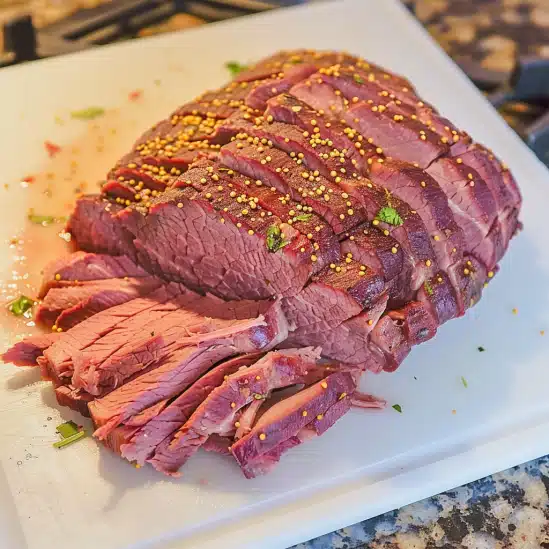juicy-corned-beef-brisket-sliced-and-seasoned-with-mustard-seeds Close-up of juicy corned beef brisket sliced on a white cutting board, seasoned with mustard seeds and herbs.