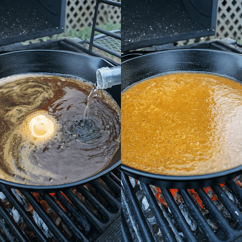 Beef Steak with Mashed Potatoes: the Best Family Dinner Favorite 10 Side-by-side images of sauce ingredients simmering and reducing in a cast iron skillet over open flame