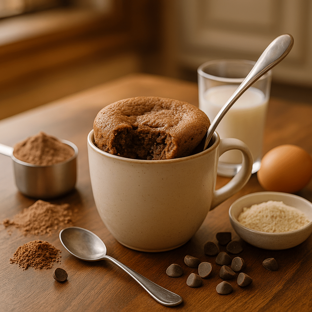One-Minute Chocolate Protein Mug Cake – Easy Microwave Recipe with Protein Powder Freshly baked protein mug cake in a white mug with chocolate chips, rich and moist, served on a wooden table – high-protein low-carb dessert ready in minutes