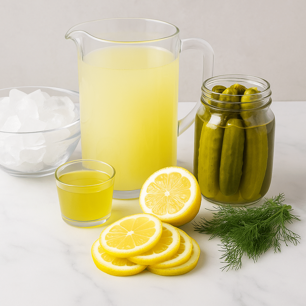 Pickle Lemonade Ingredients – Fresh Dill, Lemon Slices, Brine & Ice A flat lay of ingredients for pickled lemonade, including lemonade, dill pickle brine, dill spears, lemon slices, fresh dill, and ice arranged on a light surface