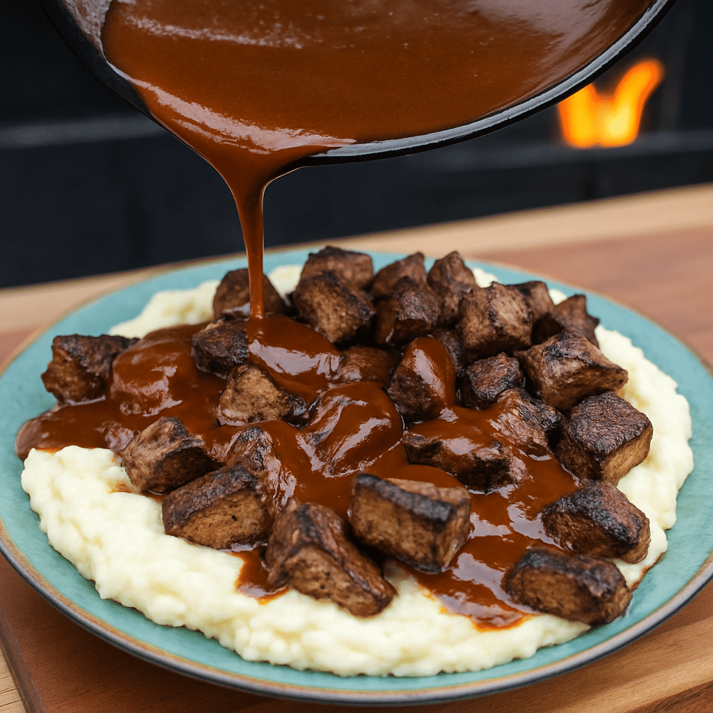 Beef Steak with Mashed Potatoes: the Best Family Dinner Favorite 11 pouring gravy over steak bites and mashed potatoes comfort food moment 1