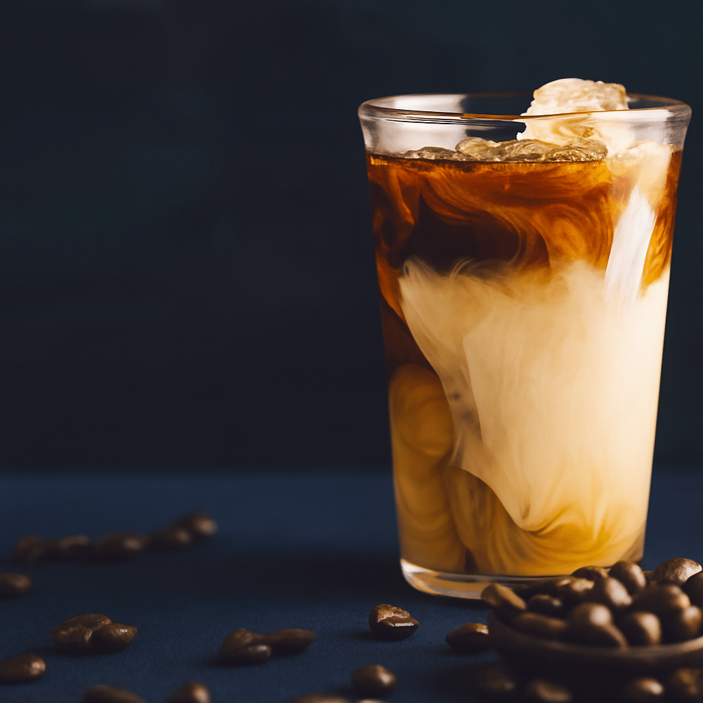 Protein Coffee Recipe in a Tall Glass with Swirled Cream A glass of protein coffee recipe with cream swirls, rich and refreshing, perfect for a post-workout drink
