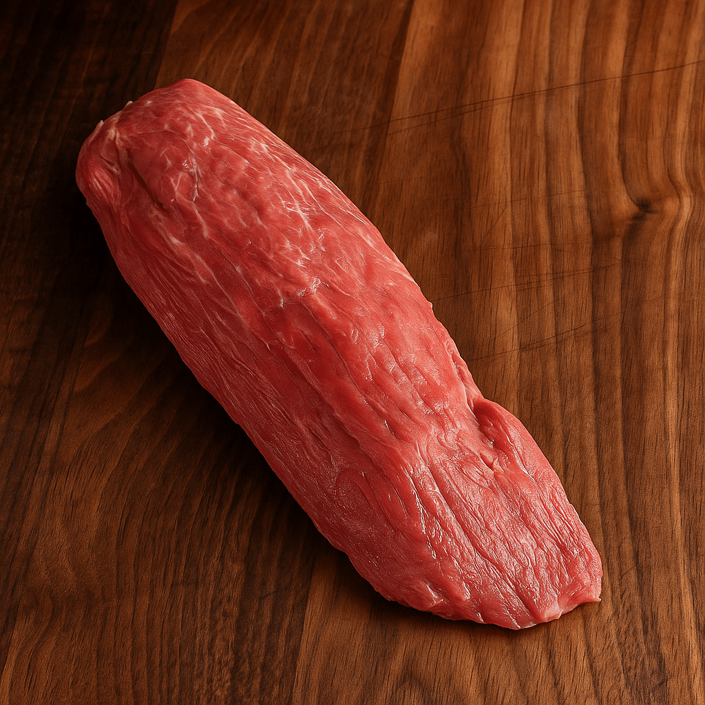 Raw Beef Tenderloin on Wooden Cutting Board Fresh raw beef tenderloin placed on a dark wooden board, ready for cooking