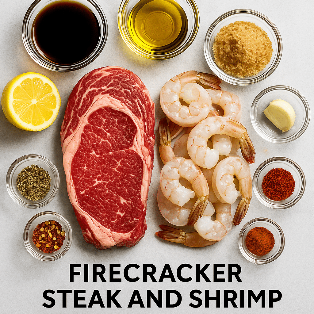 Raw Ingredients for Firecracker Steak and Shrimp Recipe A high-resolution photo showing raw ribeye steak, large shrimp, garlic, soy sauce, lemon, brown sugar, olive oil, and red pepper flakes on a wooden surface.