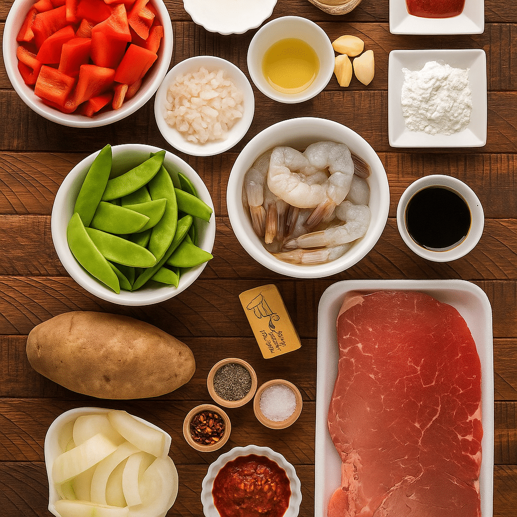 Raw Ingredients for Firecracker Steak and Shrimp Overhead view of raw ingredients for firecracker steak and shrimp recipe, including shrimp, steak, peppers, and sauces