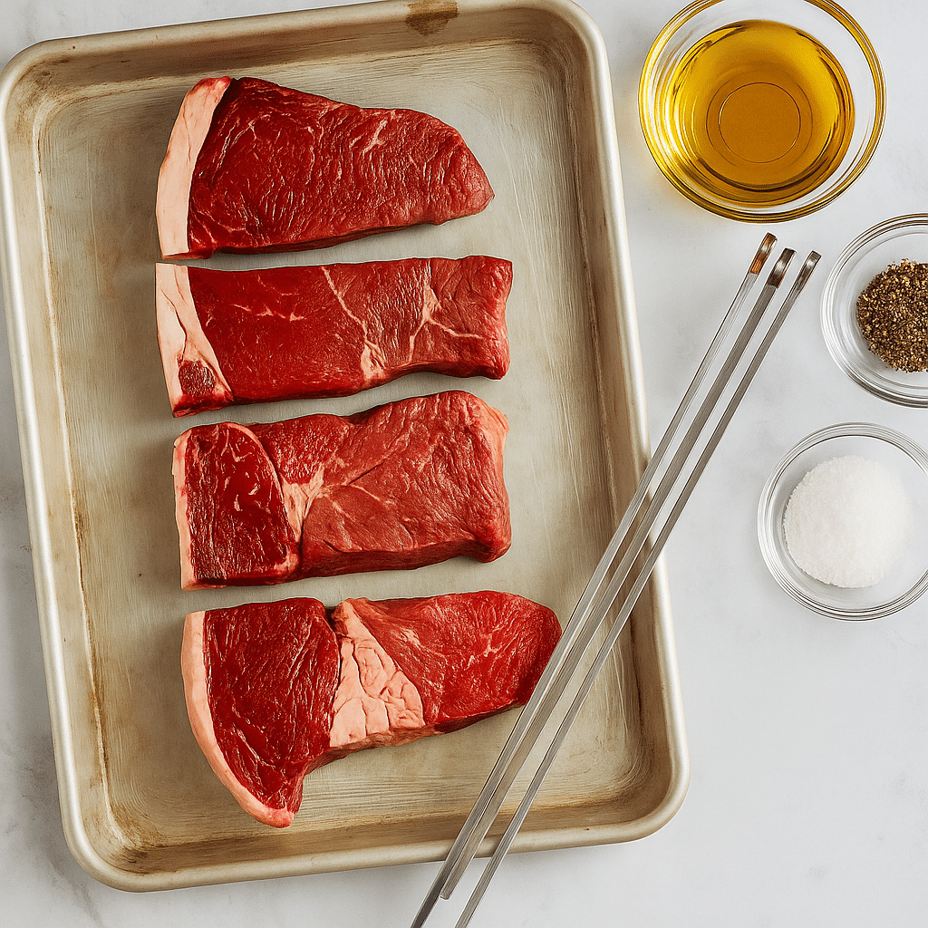 Raw Steak Preparation with Salt, Pepper, and Olive Oil | Grilling Setup Four raw steaks on a metal tray with bowls of salt, pepper, and olive oil, prepared for grilling