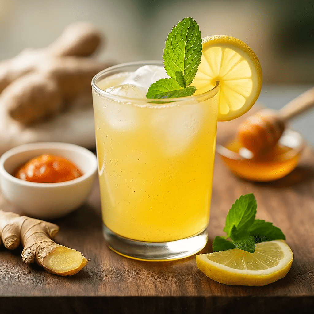 Refreshing Lemon Ginger Mounjaro Drink – Natural Boosting Tonic Glass of refreshing recipe for japanese mounjaro with mint, raw honey, and fresh ginger on a wooden board