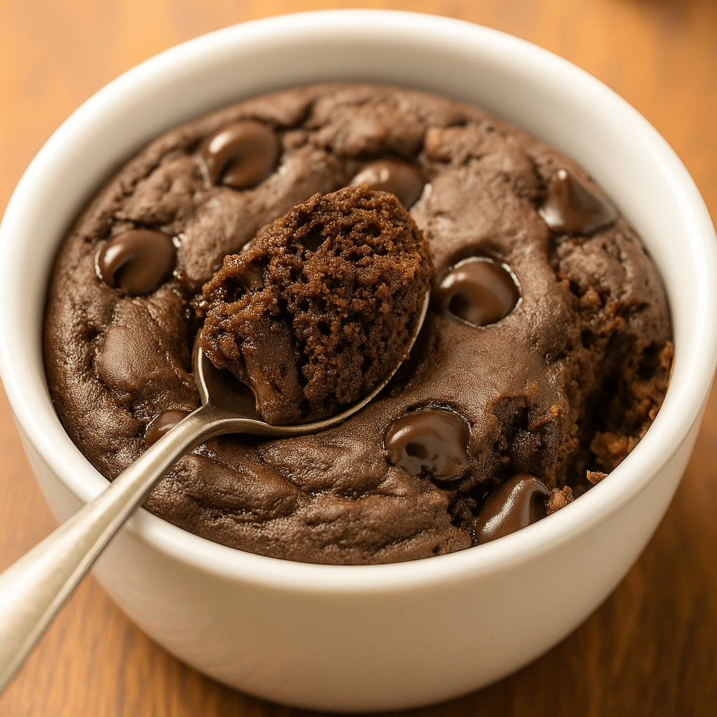 Rich Chocolate Chip Mug Cake in White Ramekin Close-up of a warm, gooey chocolate chip mug cake served in a white ramekin with a spoonful taken out, showing the soft, moist interior