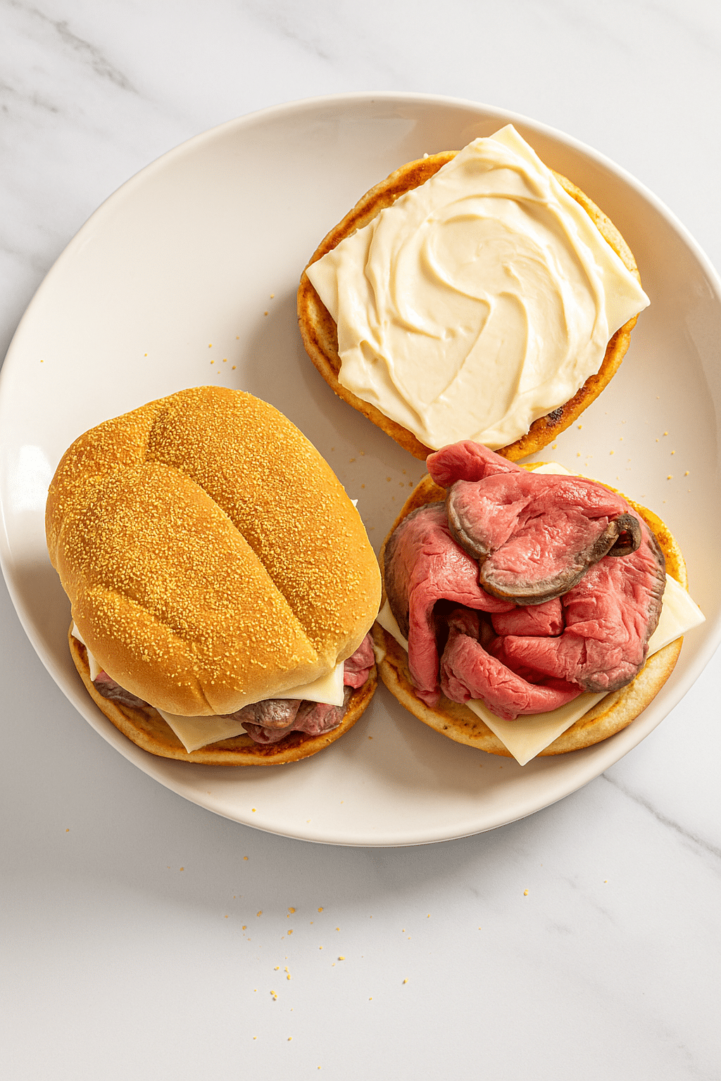 Roast Beef Sandwich Assembly with Mayo and Cheese on Cornmeal Bun Open-faced roast beef sandwich with white cheese and mayonnaise on a cornmeal bun, shown on a white plate over a marble surface.