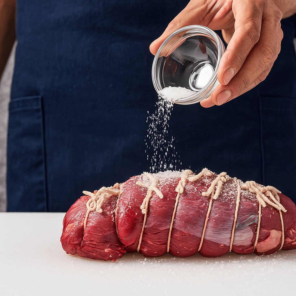 Salting a Tied Beef Roast Before Cooking Close-up of a person sprinkling salt onto a tied raw beef roast on a white surface, with a navy apron in the background.