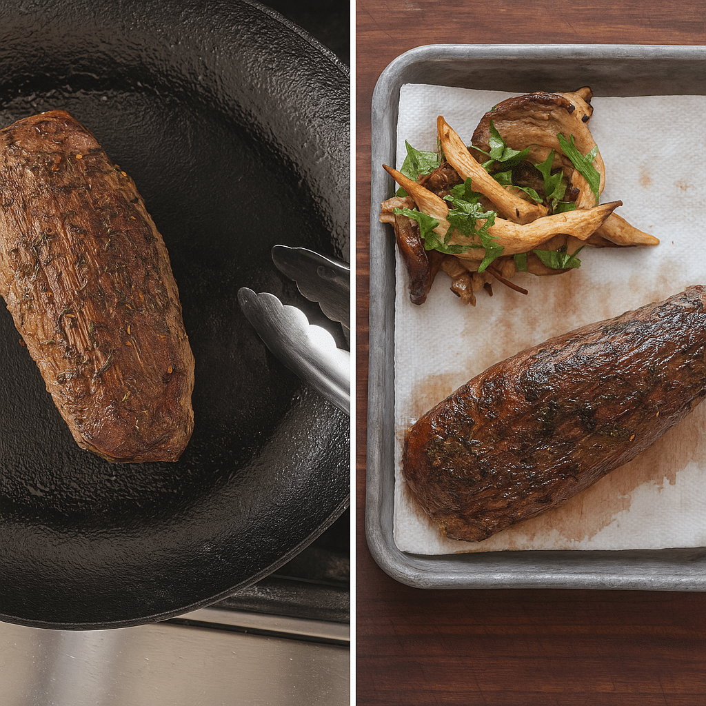 Searing and Resting Teres Major Steak with Mushrooms Searing teres major steak in a cast iron pan, followed by resting with sautéed mushrooms on a tray