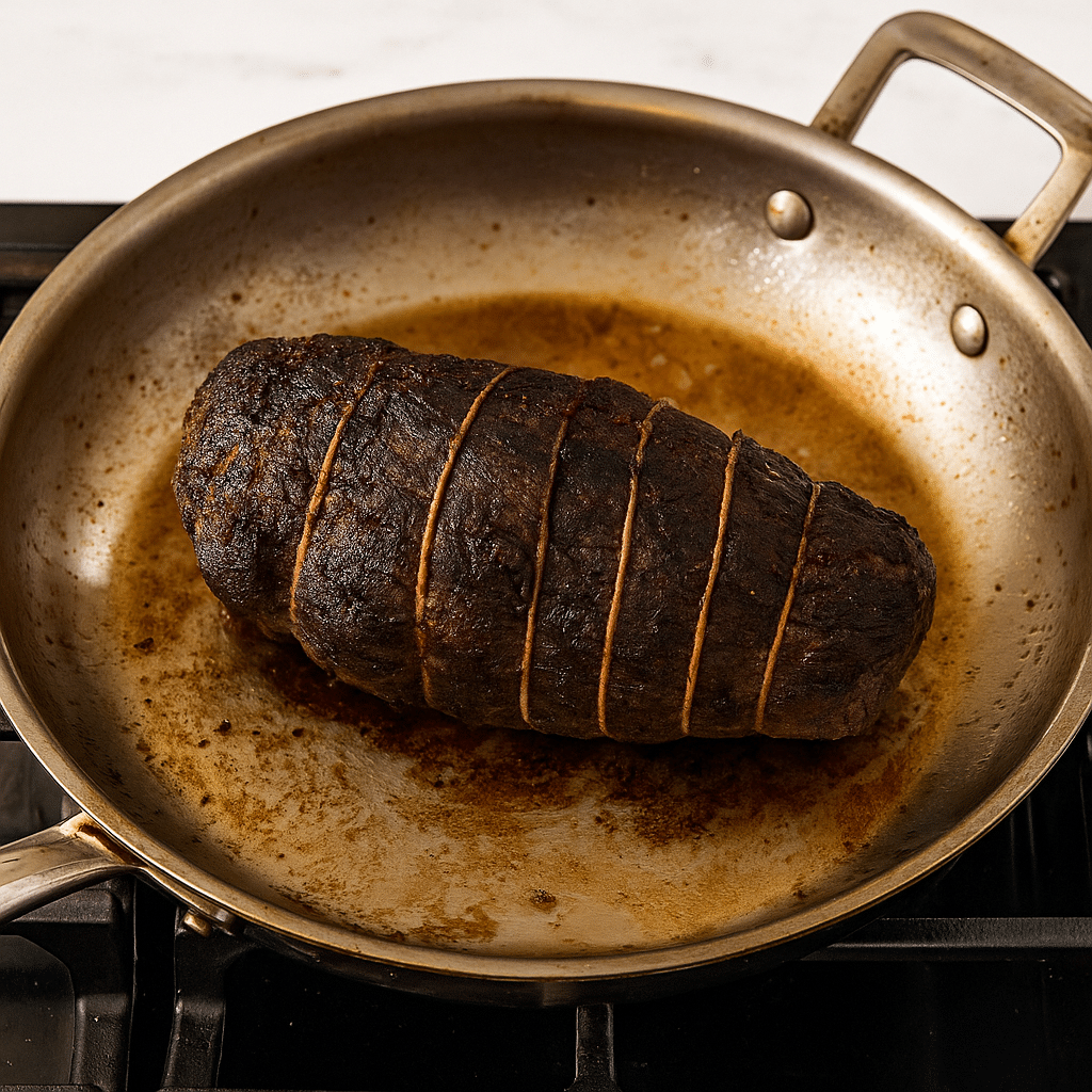 Searing Roast Beef in Skillet for Deep Flavor Seared roast beef tied with twine in a stainless steel skillet on a stovetop, showing a deep brown crust and caramelized surface.