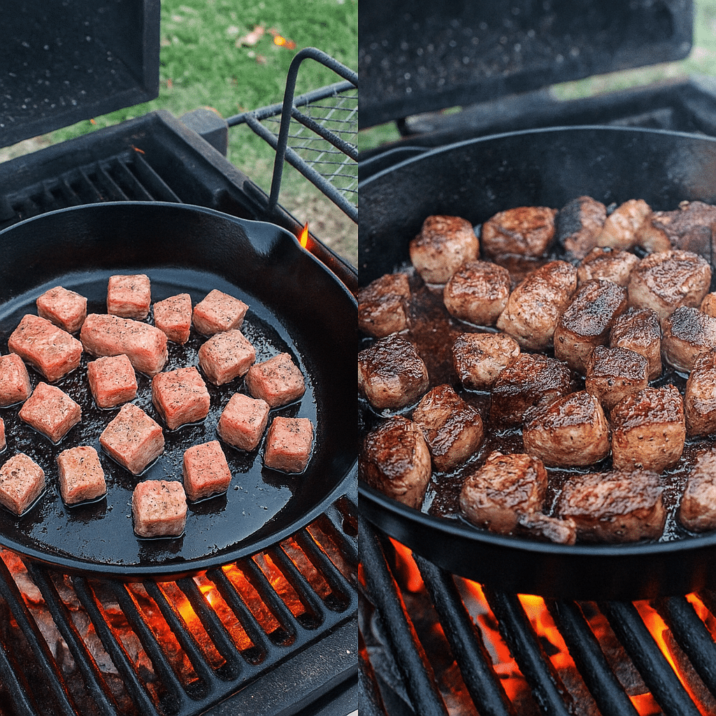 Beef Steak with Mashed Potatoes: the Best Family Dinner Favorite 9 Side-by-side of raw and seared steak bites cooking in a cast iron skillet over an open flame