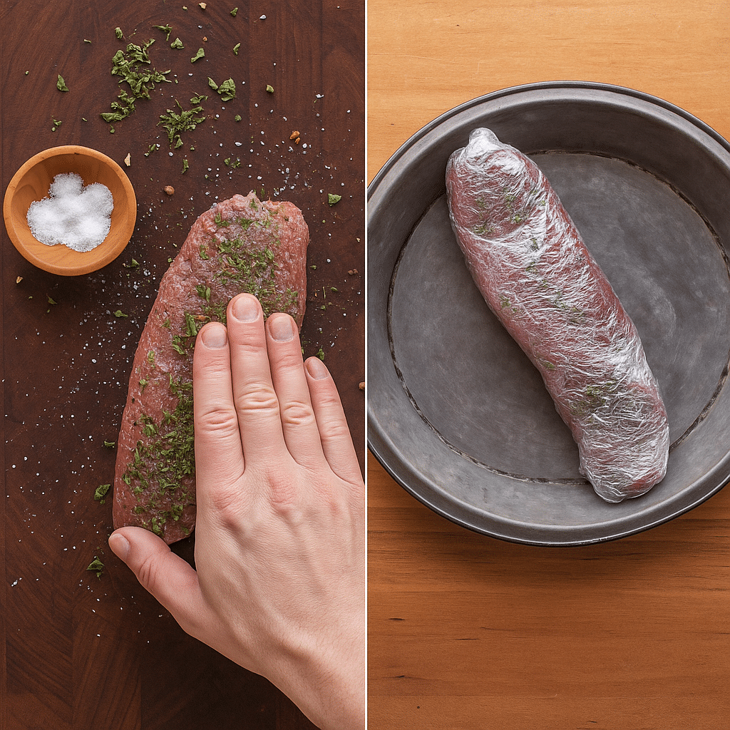 Seasoning and Wrapping Beef Tenderloin for Maximum Flavor Two-step process showing a hand seasoning beef tenderloin with salt and herbs, followed by the tenderloin wrapped in plastic wrap and placed in a metal pan.