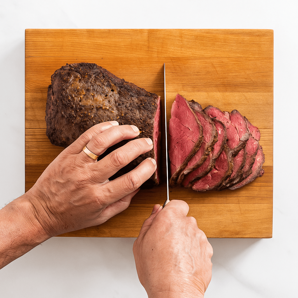 Slicing Roast Beef for Sandwiches on a Wooden Cutting Board Hands slicing a roast beef cut into thin pieces on a wooden cutting board, showing tender, medium-rare meat.