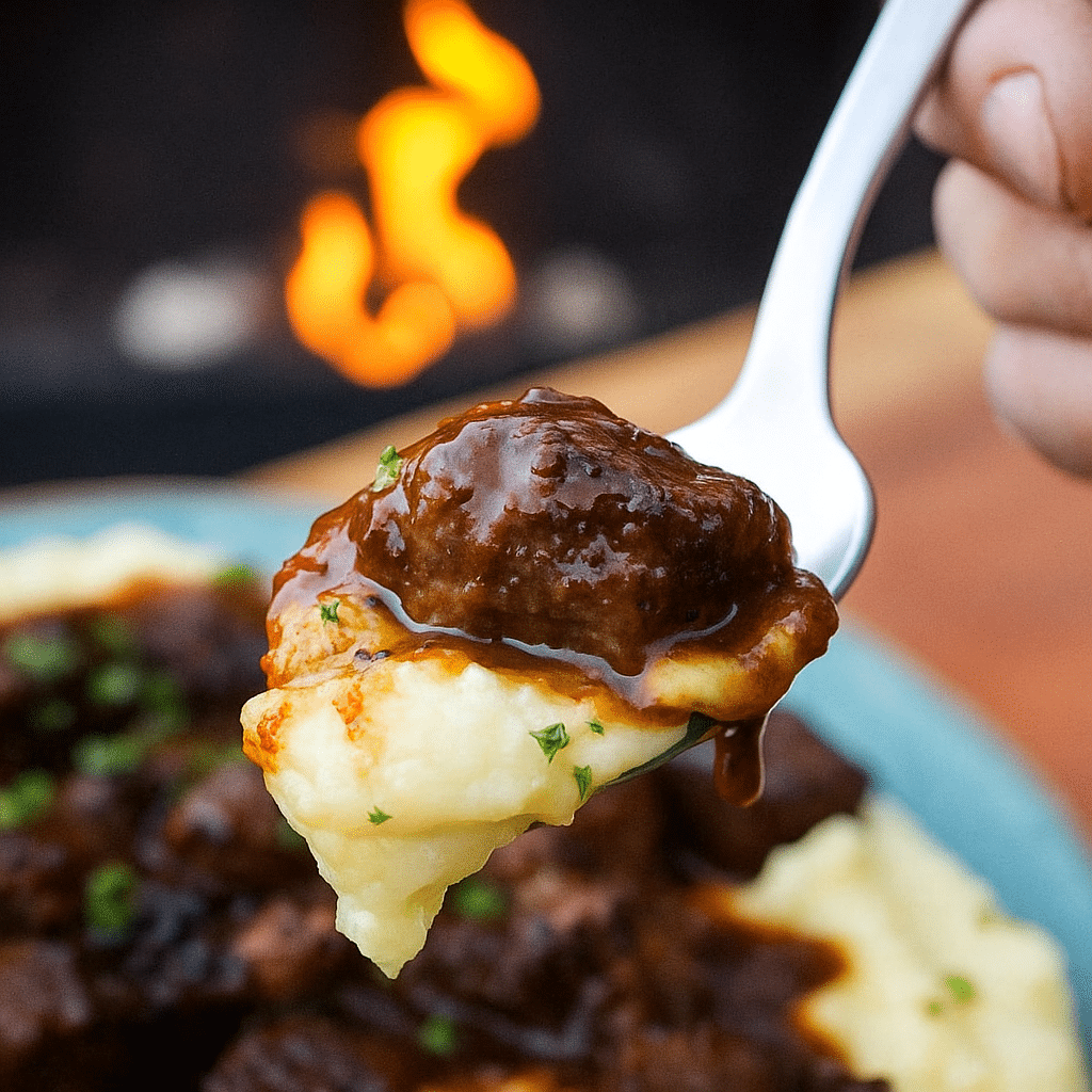 steak-and-mashed-potatoes-bite-mouthwatering-close-up-fork-shot Beef steak with mashed potatoes with gravy
