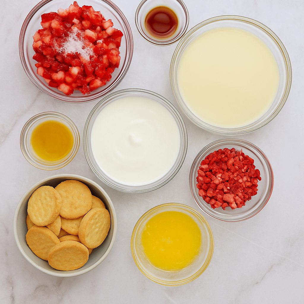 Strawberry Shortcake Ice Cream Bar Ingredients – Fresh & Creamy Ingredients for strawberry shortcake ice cream bars including diced strawberries, sweetened condensed milk, heavy cream, crushed cookies, freeze-dried berries, and melted butter, arranged on a clean surface.