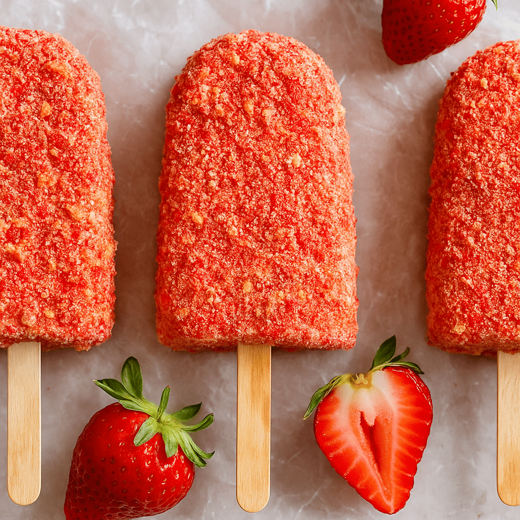 Strawberry Shortcake Ice Cream Bars with Fresh Strawberries – Close-Up Close-up of homemade strawberry shortcake ice cream bars coated in crushed cookies and freeze-dried strawberries, surrounded by fresh sliced strawberries on a marble background.