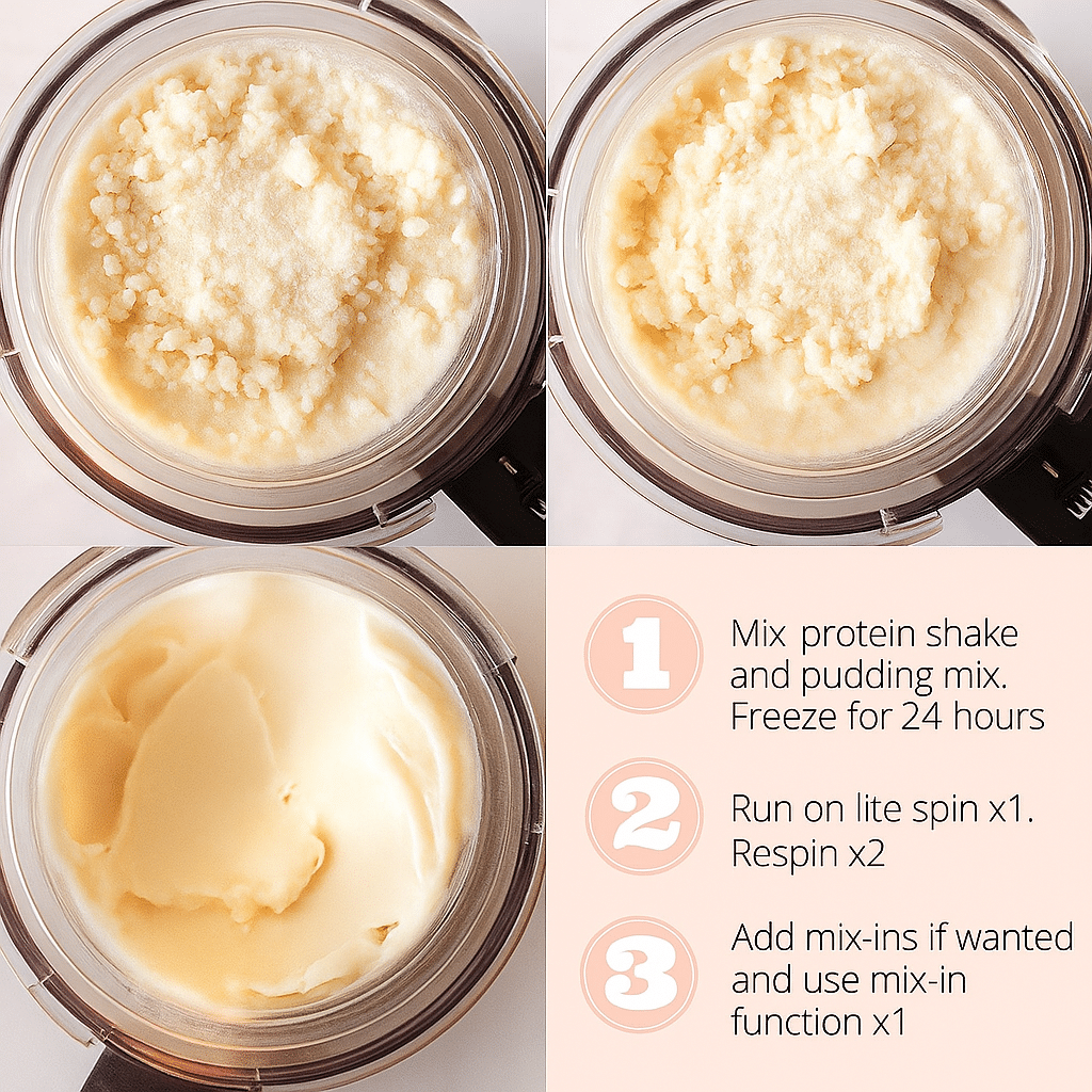 The Best Ninja Creami Protein Ice Cream Recipes Step-by-Step Prep Step-by-step preparation of the best Ninja Creami protein ice cream recipes using protein shake and pudding mix