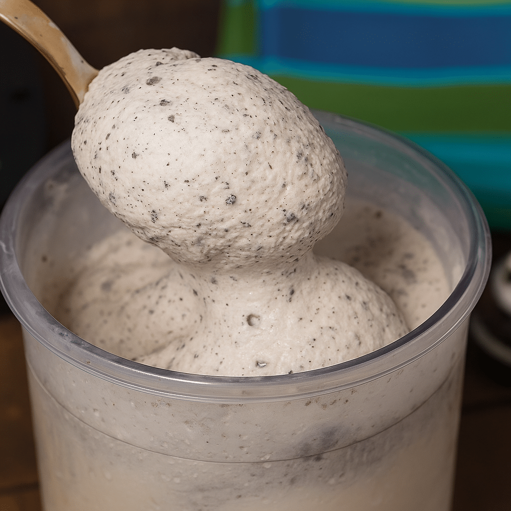 The Best And Easy Ninja Creami Protein Ice Cream 5 Close-up of The Best Ninja Creami Protein Ice Cream, with a creamy scoop full of chocolate cookie bits being lifted from the container. A rich, smooth texture perfect for a high-protein dessert.