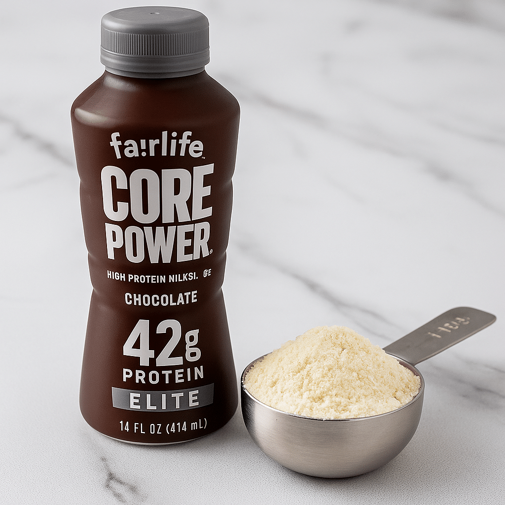 The Best Ninja Creami Protein Ice Cream with Fairlife Shake and Vanilla Pudding Mix A close-up photo of a Fairlife Core Power protein shake beside a creamy vanilla pudding ice cream in a Ninja Creami container