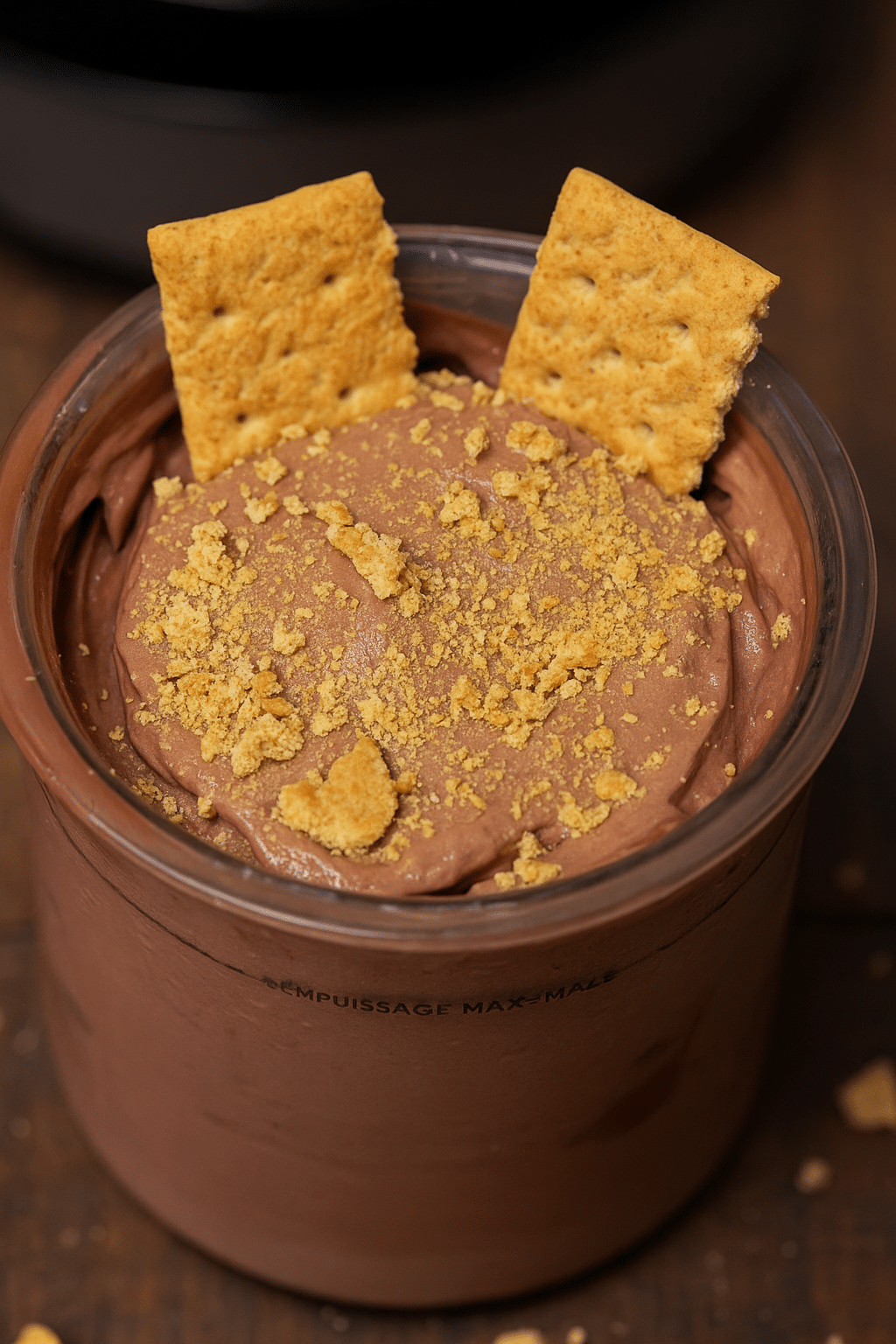 The Best Ninja Creami Protein Ice Cream with Graham Crackers Chocolate Ninja Creami protein ice cream topped with crushed graham crackers in a container
