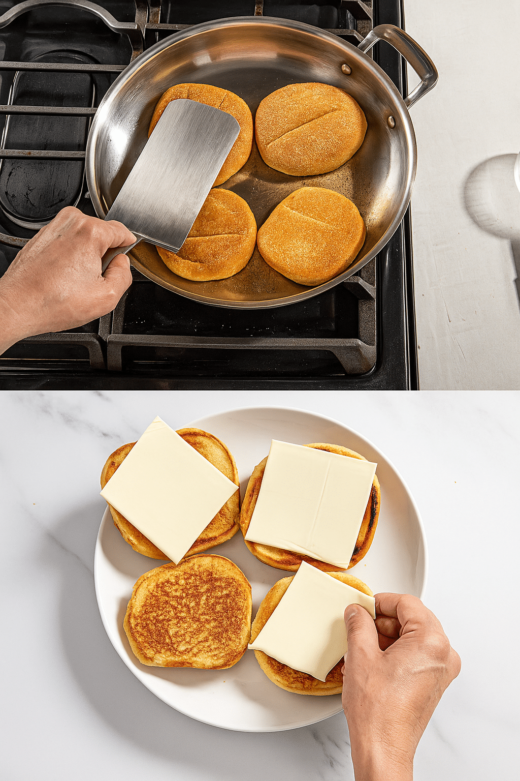 Toasting Buns and Adding Cheese for Roast Beef Sandwich Prep Toasting sandwich buns in a skillet and adding cheese slices to toasted buns on a plate, shown in a step-by-step preparation for roast beef sandwiches.